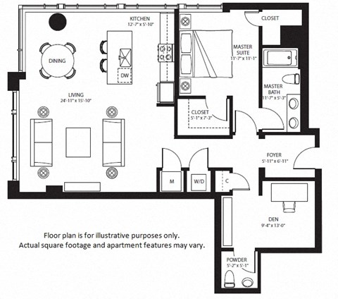 Floor plan for 1 bed, 1.5 baths, 1203 sqft